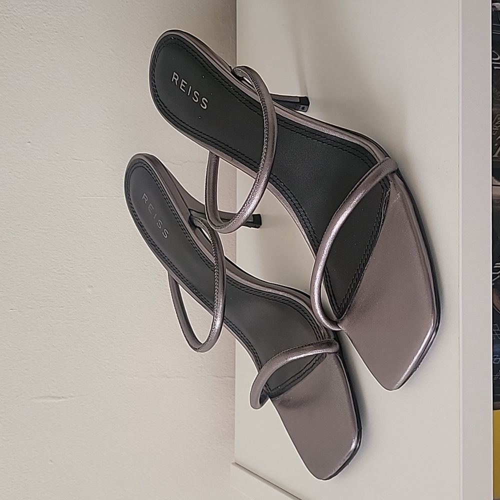 REISS Strap Sandals, Backless Slims, High Heels, Color Gunmetal, Size 10